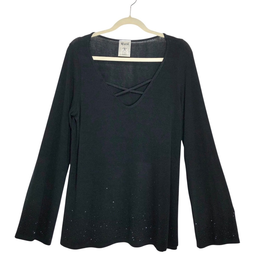 Vocal Made in USA Knit Criss Cross V Neck Crystal Bling Black Tunic Top L